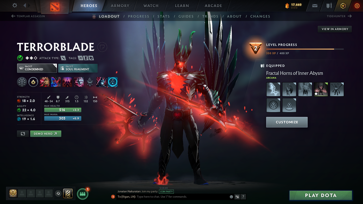 Archon I | MMR: 2178 | Behavior Score: 9555 | Terrorblade Arcana | Rare Wraith King Cache Set | Many Immortals & Sets | Trophy Level: 90 | Full Access