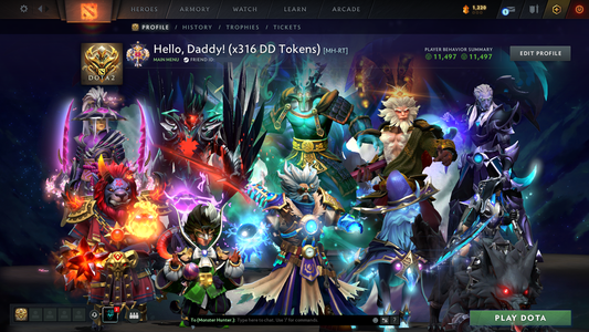 Legend I | MMR: 3119 | Behavior Score: 11497 | x316 MMR DD TOKENS | 3 Arcanas: Monkey King, Juggernaut, Terrorblade | 4 Latest Personas: PA, AM, Invoker, CM | Latest Cache Sets | Mainpool | Trophy Level: 205 | Full Access