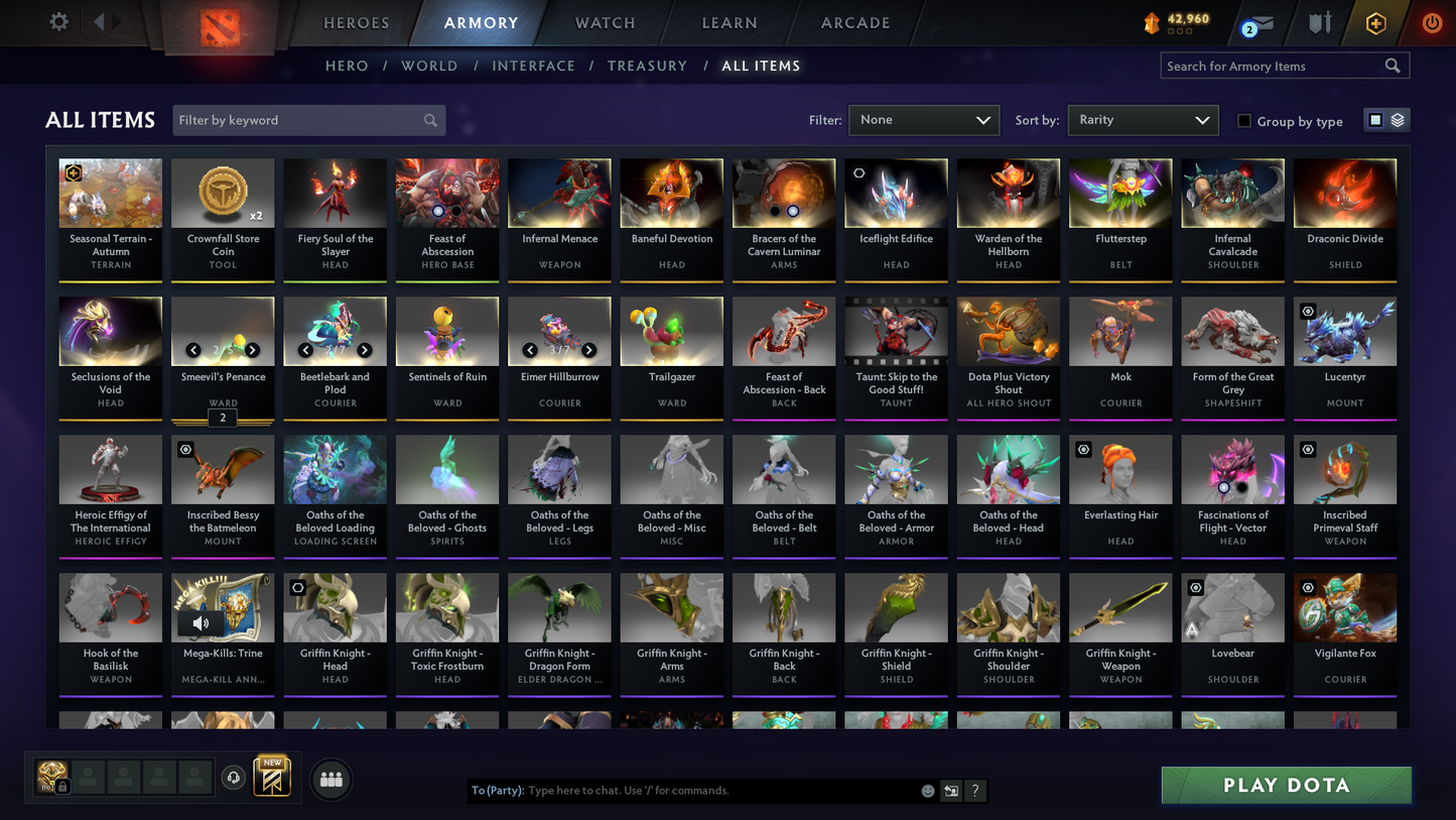 Archon V | MMR: 2872 | 9,800+ Hours Played | Behavior Score: 7718 | 2 Arcanas: Pudge & Lina | Rare Cavern Crawl Sets | 9,825 Matches Played | Mainpool | Trophy Level: 477 | Full Access