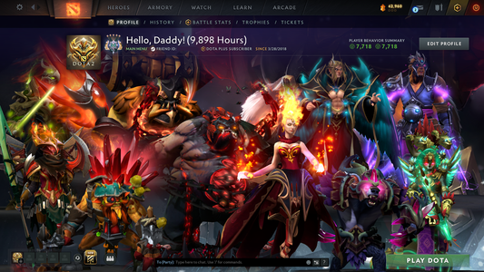 Archon V | MMR: 2872 | 9,800+ Hours Played | Behavior Score: 7718 | 2 Arcanas: Pudge & Lina | Rare Cavern Crawl Sets | 9,825 Matches Played | Mainpool | Trophy Level: 477 | Full Access