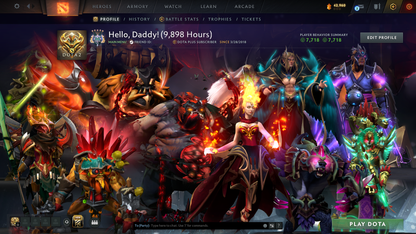Archon V | MMR: 2872 | 9,800+ Hours Played | Behavior Score: 7718 | 2 Arcanas: Pudge & Lina | Rare Cavern Crawl Sets | 9,825 Matches Played | Mainpool | Trophy Level: 477 | Full Access