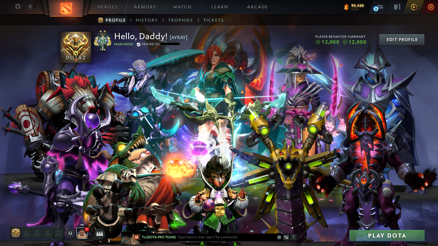 Archon II | MMR: 2490 | Behavior Score: 12000 | Windranger Arcana | 4 Personas: Invoker, Pudge, PA & AM | Tons of Cache Sets & Immortals Inside | Mainpool | Full Access | Trophy Level: 127