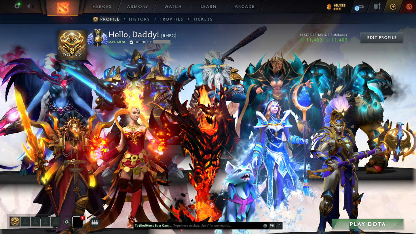 Divine II | MMR: 4713 | Conduct: 11403 | 3 Arcanas: Shadow Fiend, Crystal Maiden & Lina | 2,000+ Matches | Mainpool | Fully Stacked with Sets & Items