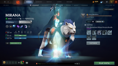 Divine III | MMR: 5083 | Behavior: 11966 | 3 Exclusive Arcanas | 2 Personas: AM & Mirana | Rare Cache Sets & Items | Complete 10th Anniversary | Mainpool | High Trophy Level | 6,640 Hours Played