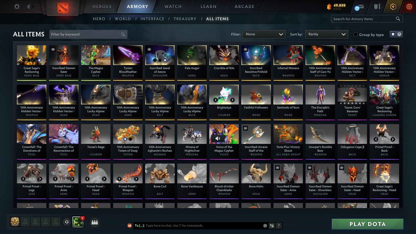 Divine III | MMR: 5083 | Behavior: 11966 | 3 Exclusive Arcanas | 2 Personas: AM & Mirana | Rare Cache Sets & Items | Complete 10th Anniversary | Mainpool | High Trophy Level | 6,640 Hours Played