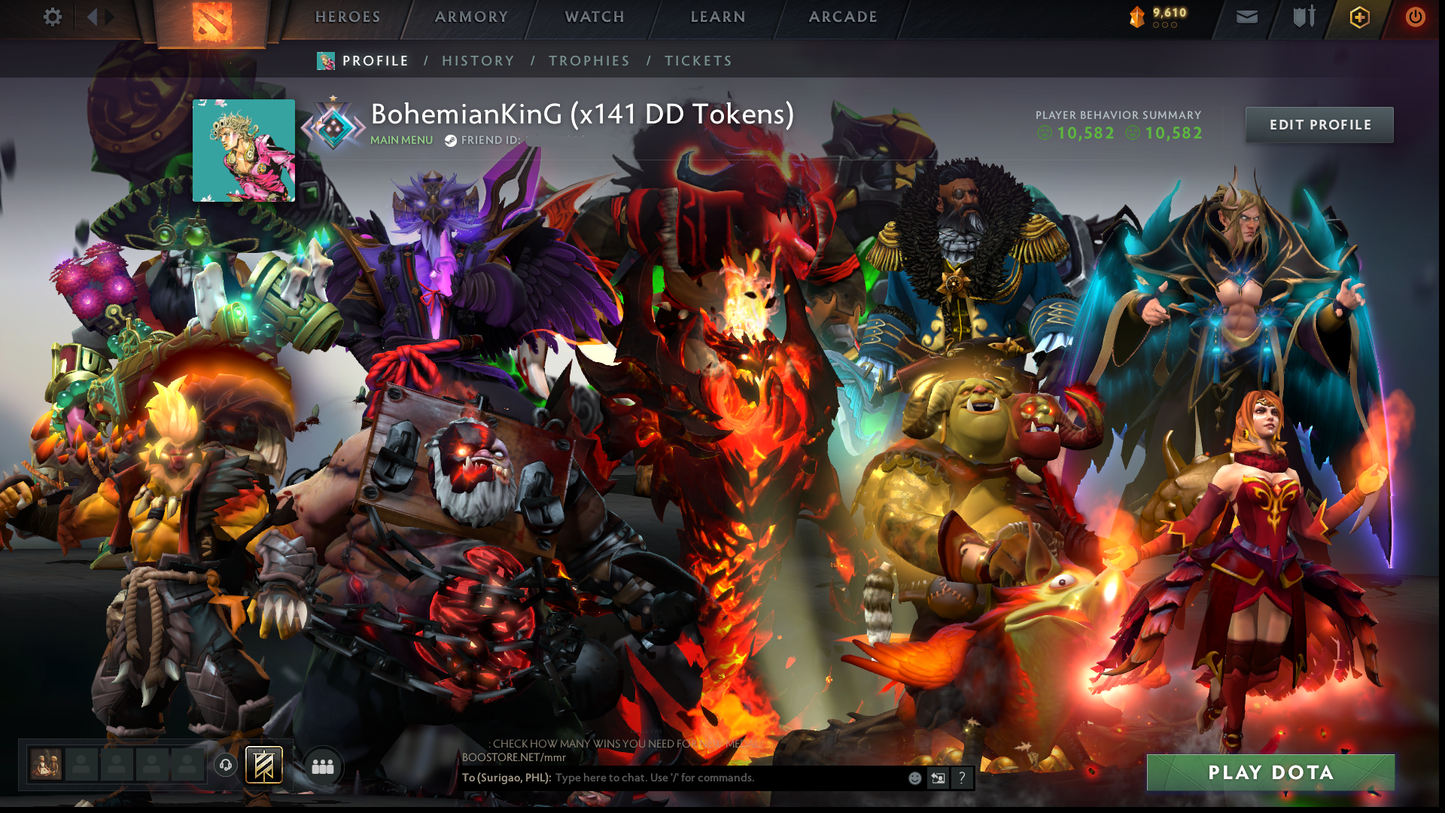Crusader I | MMR: 1460 - Behavior: 10582 | x141 MMR DD TOKENS | 3 Arcanas: SF, Pudge & Jugg | Stacked With Immortals & Sets | 2200+ Matches | Mainpool | Fast Queue