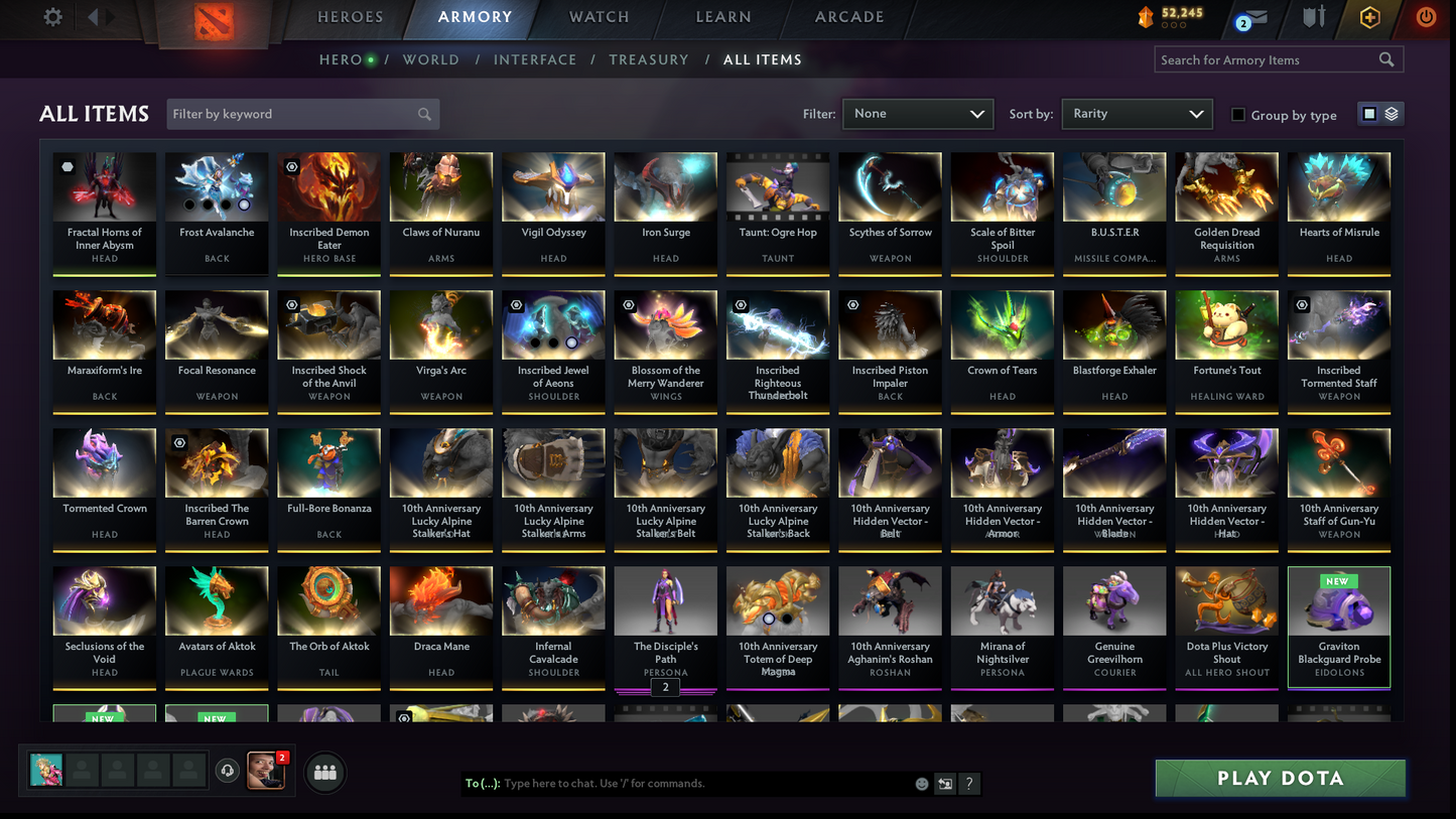 Divine IV | MMR: 5210 | Behavior: 11830 | 3 Arcanas: Shadow Fiend, Crystal Maiden & Terrorblade | 2 Personas: AM & Mirana | Rare Cache Sets & Items | Complete 10th Anniversary | Mainpool | High Trophy Level | 2000+ Hours