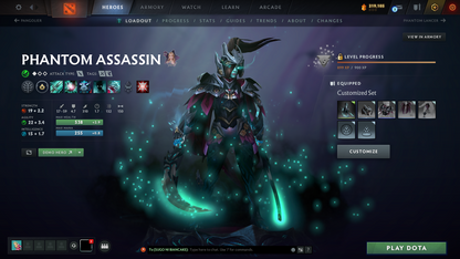 Divine V | MMR: 5340 | Behavior: 11505 | Phantom Assassin Arcana | 2 Personas: Invoker & AM | Quartero's Curious Sets (All Styles Unlocked) | Many Cache Sets & Items | Mainpool | High Trophy Level | 1600+ Hours | Full Access