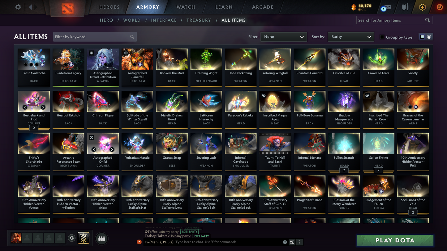Battlepass: Aghanims, TI9 | Drow Ranger, Earthshaker, Jugg & CM Arcana | 4 Personas: Invoker, CM, AM & Mirana | Axe, Tiny & Hoodwink Prestige | Tons of Cache Sets & Items | Fully Stacked Account | 7700+ Hours Played | Complete Access