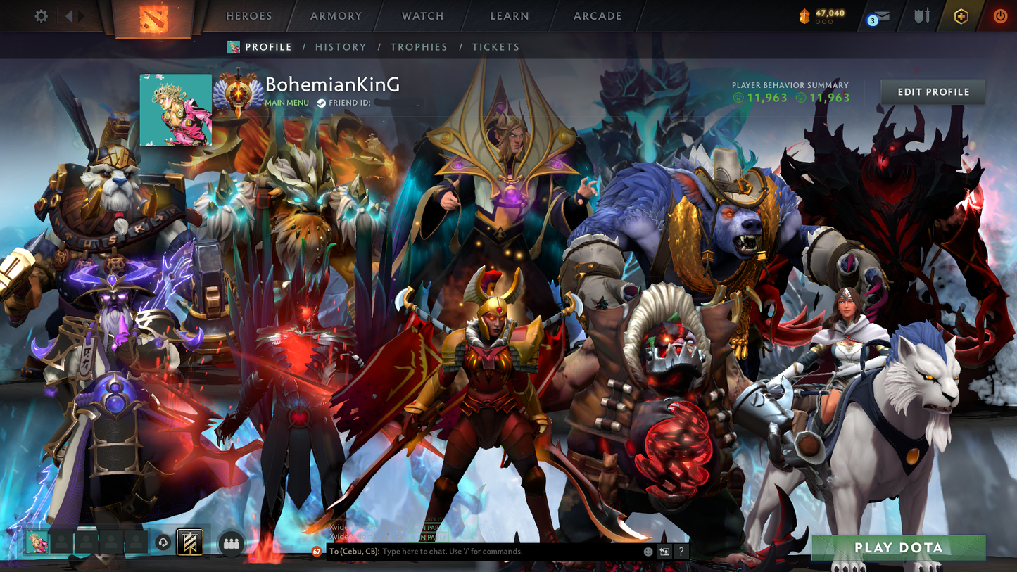 Immortal | MMR: 5604 | Behavior: 11963 | 3 Arcanas: Terrorblade, Legion & Pudge | Mir Persona | Many Immortals & Items | Complete 10th Anniversary | Mainpool | High Trophy Level | 2,100+ Hours | Full Access
