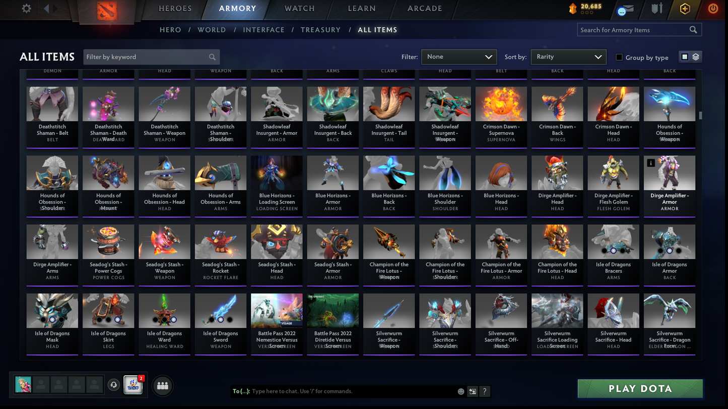 BATTLEPASS: TI7, TI11, AGHANIM, NEMESTICE - SPECIAL COLLECTOR'S ACCOUNT - 9 ARCANAS: SPEC, DROW, VOID, RAZOR, IO, PA, LC, PUDGE & SF + DK PERSONA, DARK ARTISTRY KID, KUNKKA & HOODWINK PRESTIGE | TONS OF CACHE SETS | 6 PERSONAS | TERRAINS