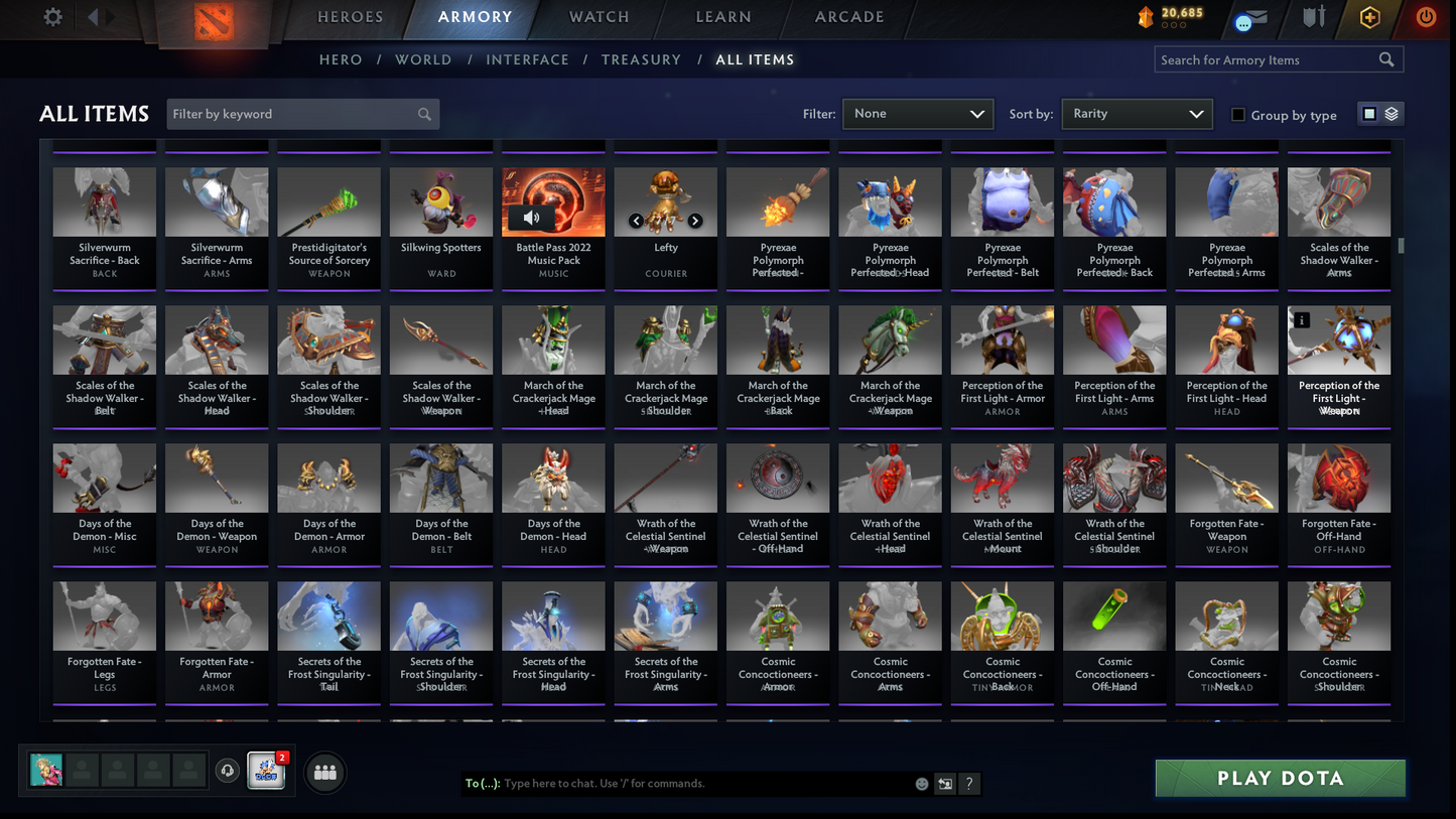 BATTLEPASS: TI7, TI11, AGHANIM, NEMESTICE - SPECIAL COLLECTOR'S ACCOUNT - 9 ARCANAS: SPEC, DROW, VOID, RAZOR, IO, PA, LC, PUDGE & SF + DK PERSONA, DARK ARTISTRY KID, KUNKKA & HOODWINK PRESTIGE | TONS OF CACHE SETS | 6 PERSONAS | TERRAINS