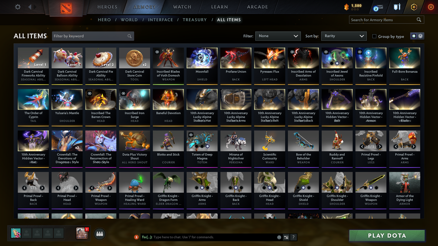 Crusader II | MMR: 1668 | Behavior: 12000 | Legion Arcana | Fast Queue | Mirana Persona | Complete 10th Anniversary Sets | Crownfall Sets | Stacked with Immortals and Items | Mainpool | 840+ Hours | Full Access