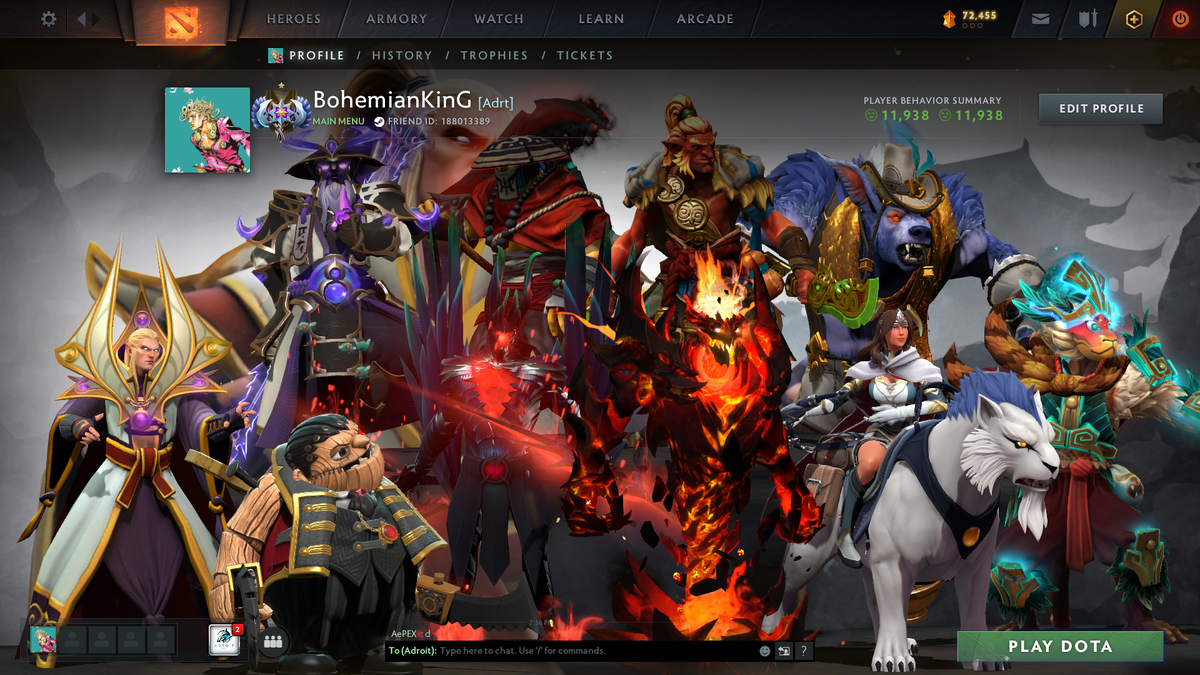 Ancient I | MMR: 3844 | Behavior: 11938 | 2 Arcanas: Terrorblade & Shadow Fiend | 4,600+ Hours | Mainpool | 2 Personas: Mirana & Pudge | Complete 10th Anniversary | Many Items | 2014 Account | Full Access